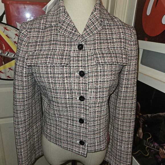 Theory Jackets & Blazers - Theory Multicolor Tweed Blazer In A Black And Pink Color